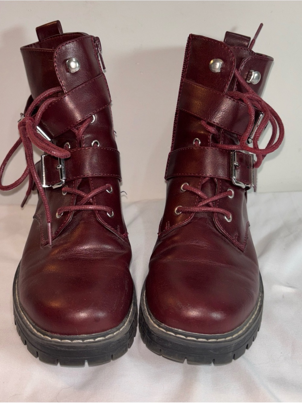 SO Women’s Burgundy Lace-Up Combat Boots - Stylish Ankle Boots. 7/28